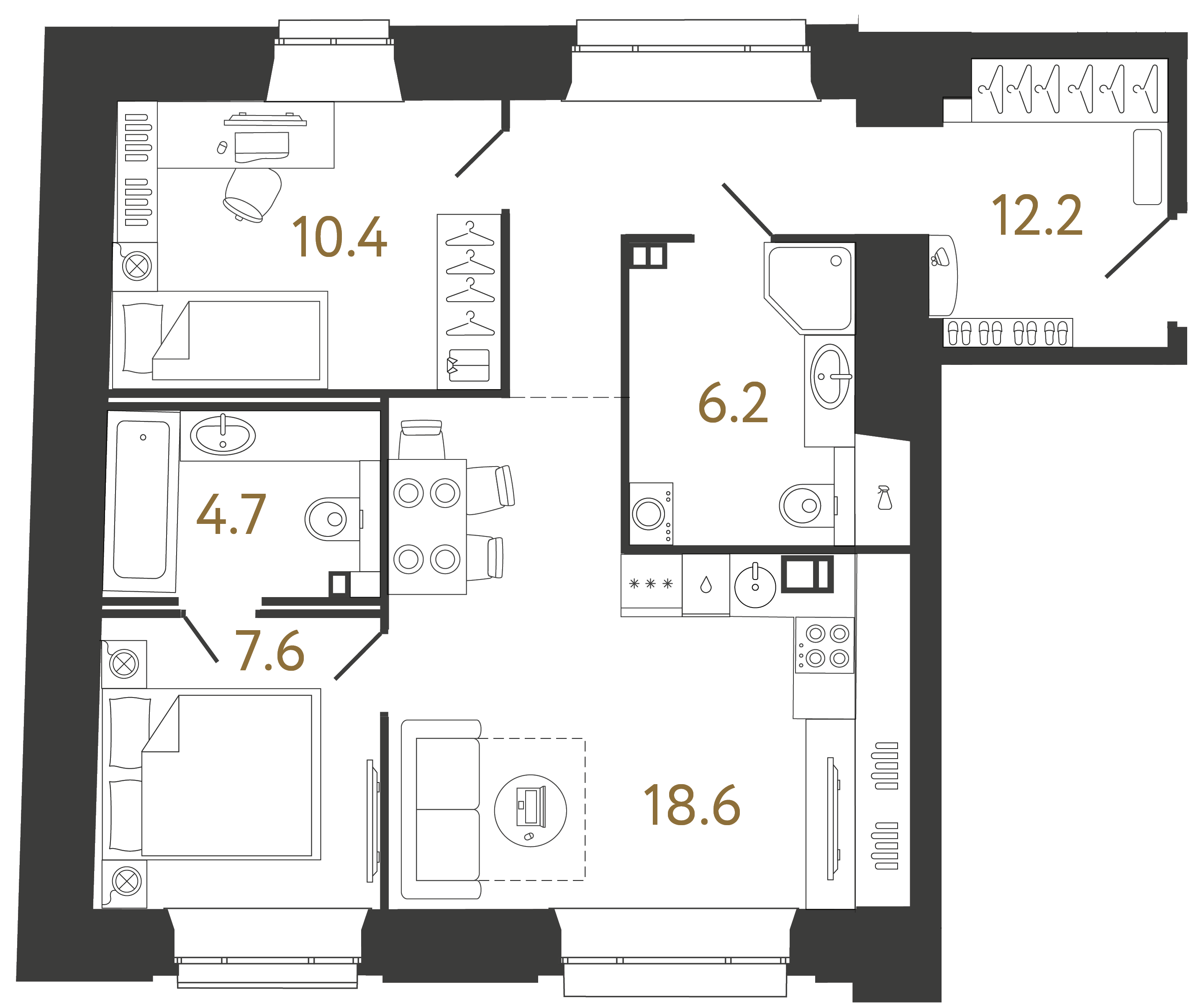 Двухкомнатные апартаменты 59.7 м²