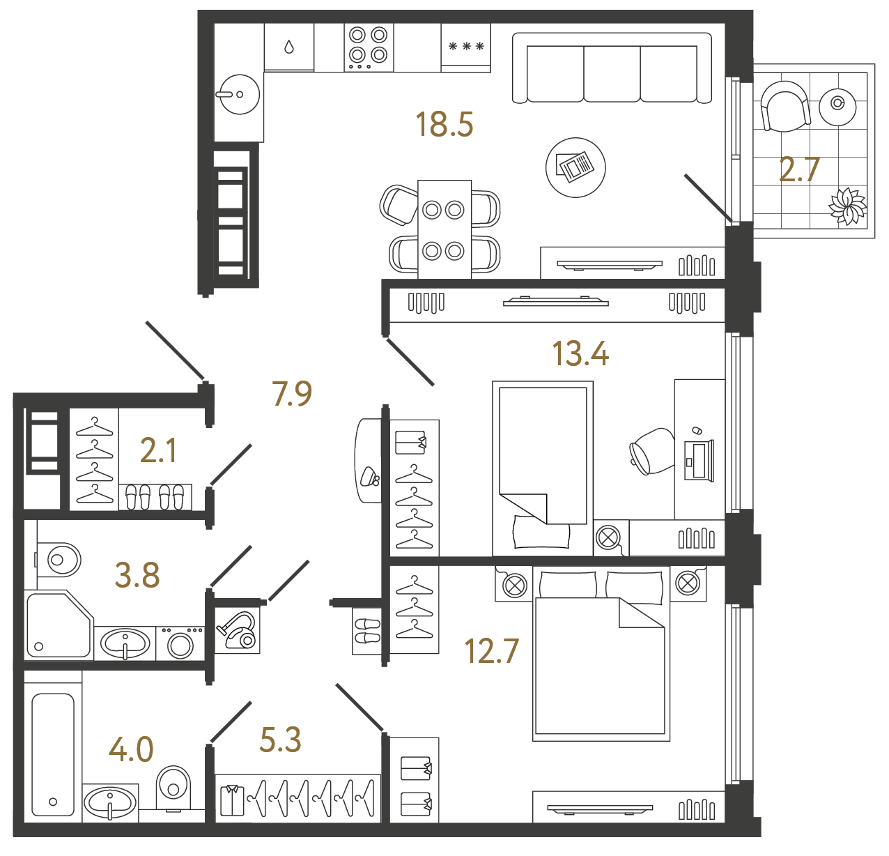 Двухкомнатная квартира 67.7 м²