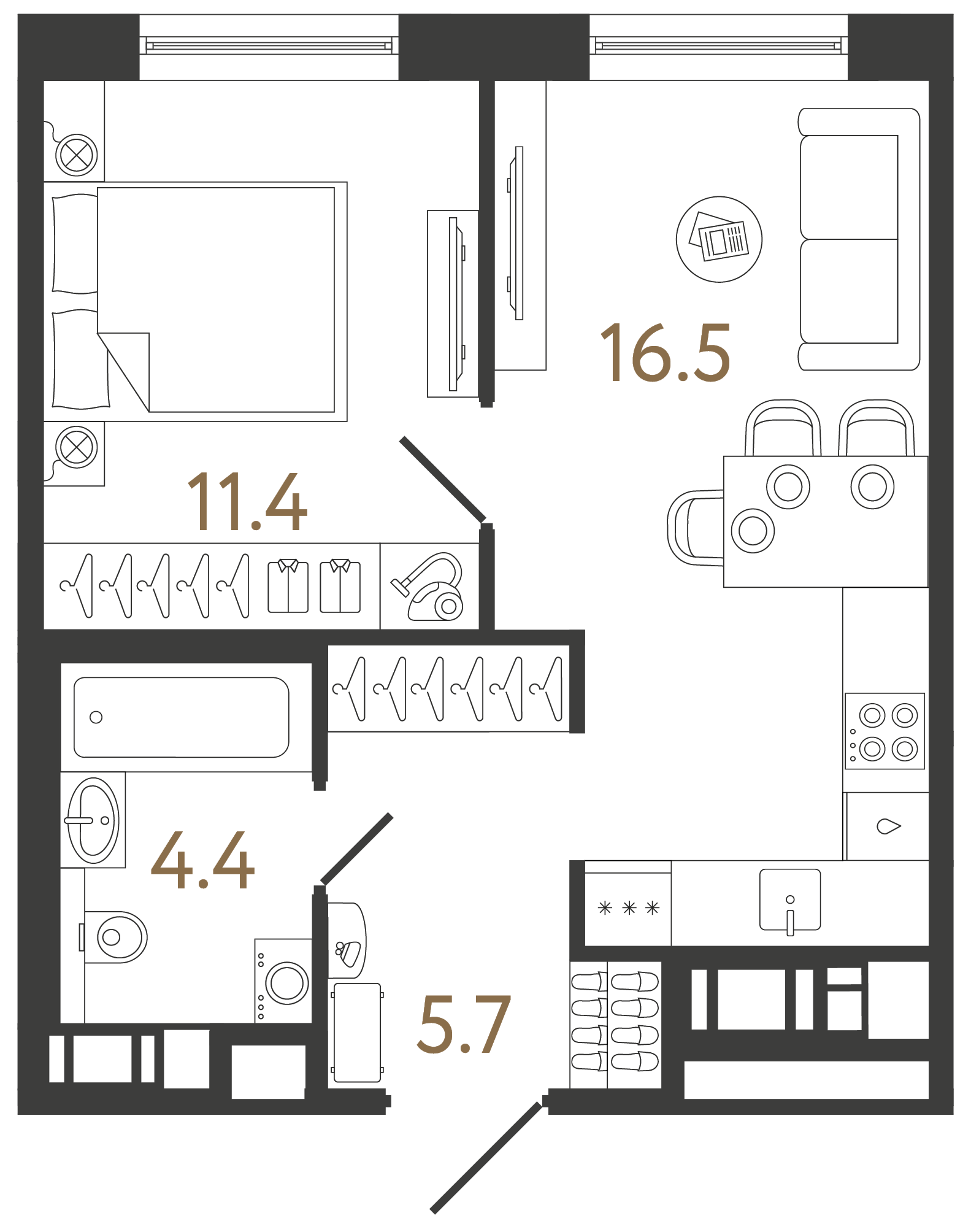 Однокомнатная квартира 38 м²