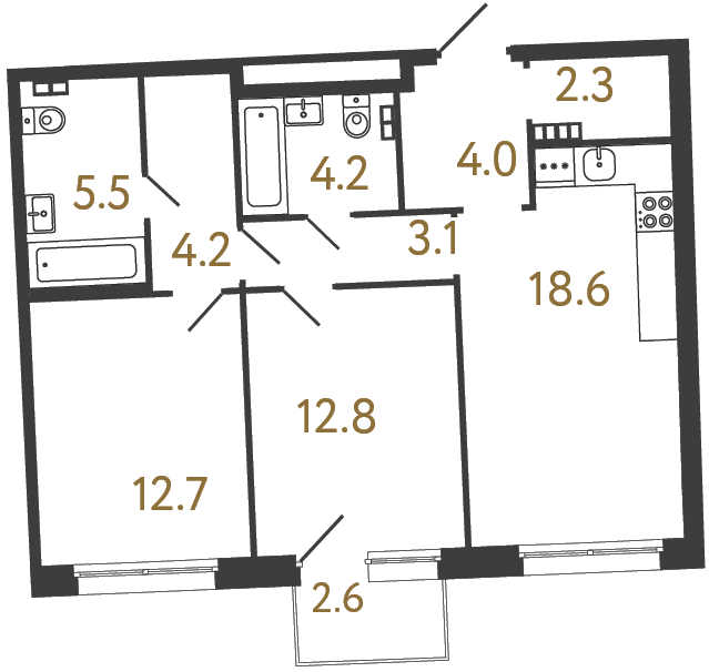Двухкомнатная квартира №40 в ЖК Цвет Зеленогорска - 67.4 м²  - №2