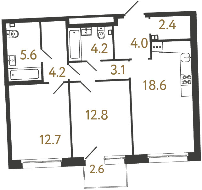 Двухкомнатная квартира №35 в ЖК Цвет Зеленогорска - 67.6 м²  - №2