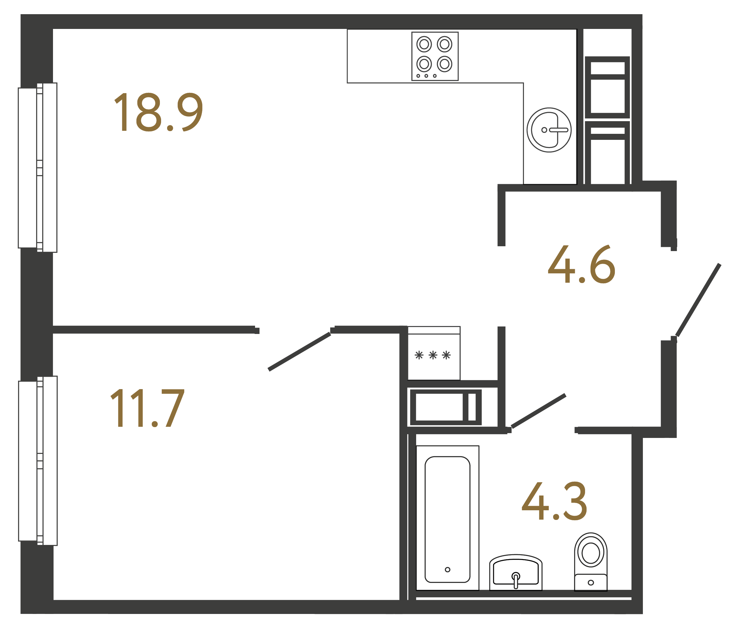 Однокомнатная квартира 39.5 м²