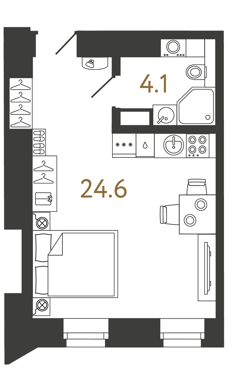Однокомнатный номер 28.7 м²