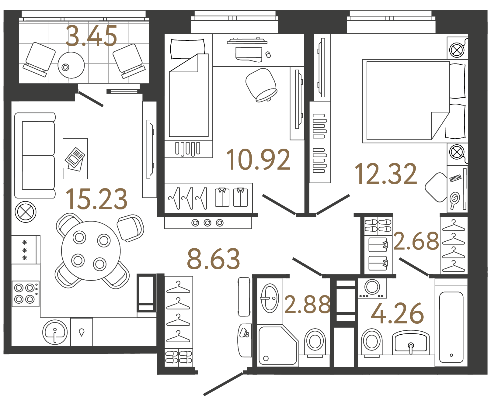 Двухкомнатная квартира 56.92 м²