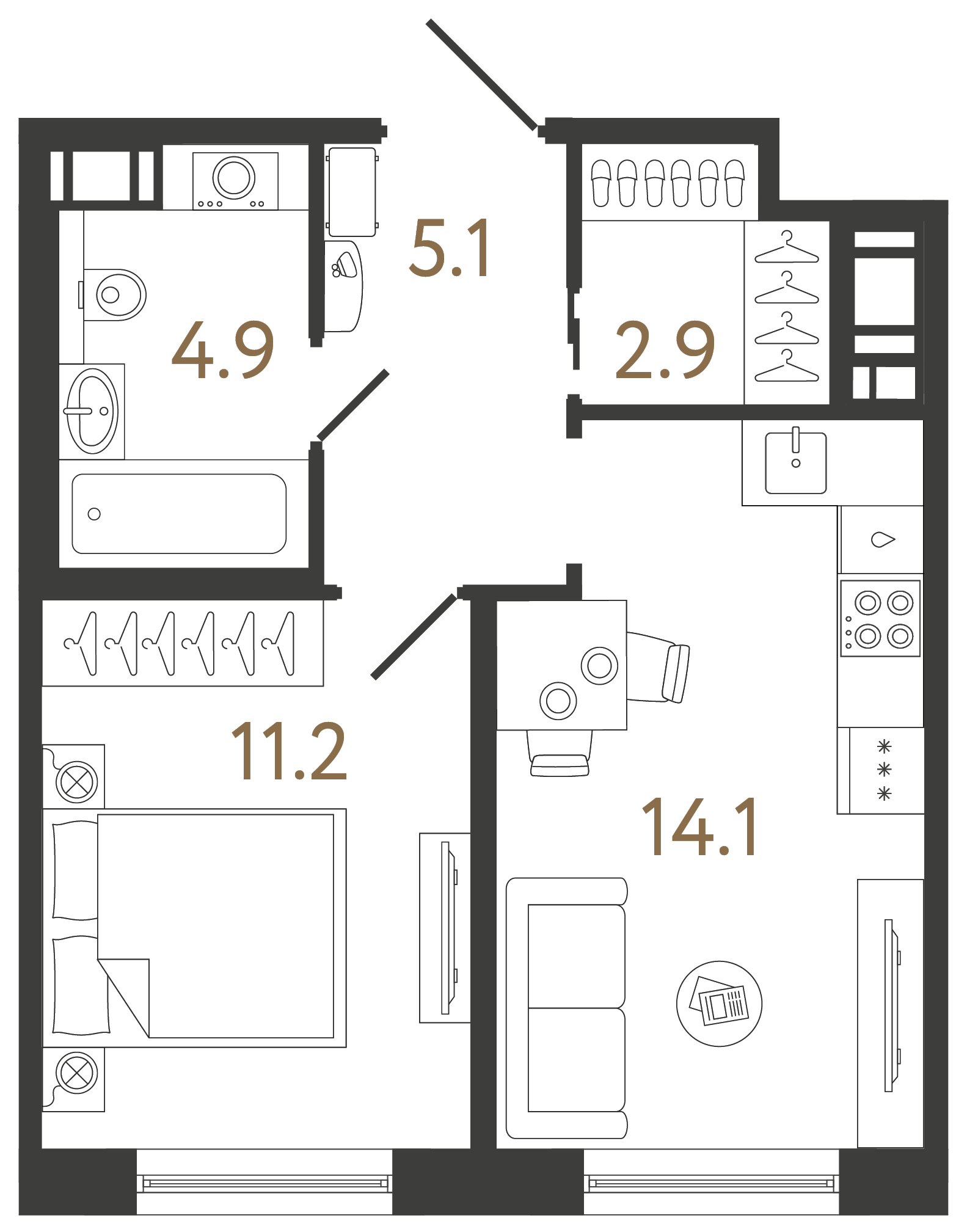 Однокомнатная квартира 38.2 м²