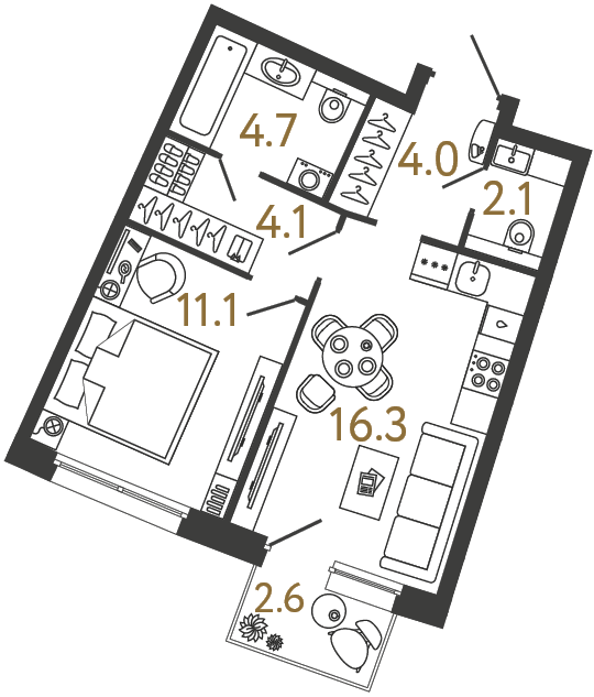 Однокомнатная квартира 42.3 м²