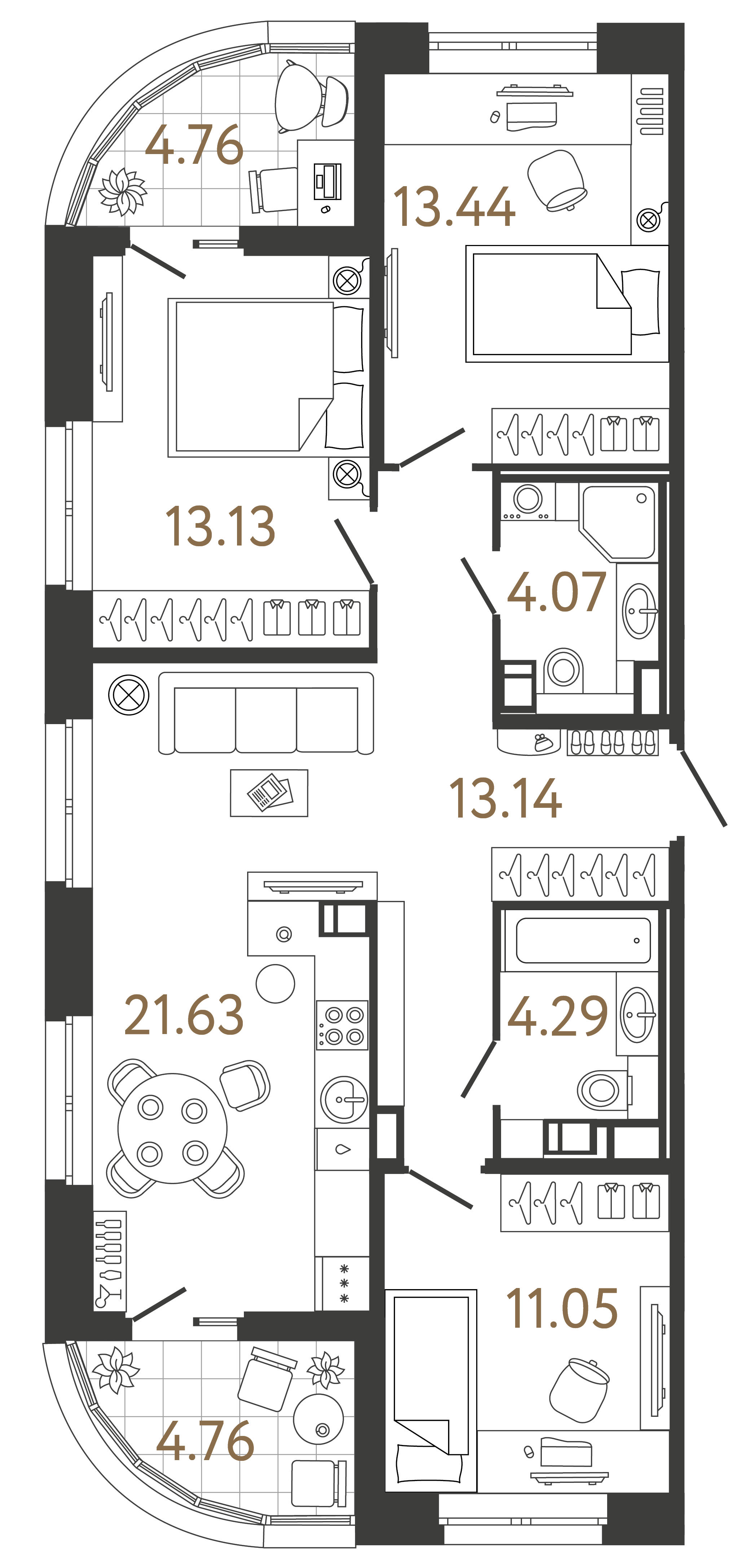 Трёхкомнатная квартира 80.75 м²