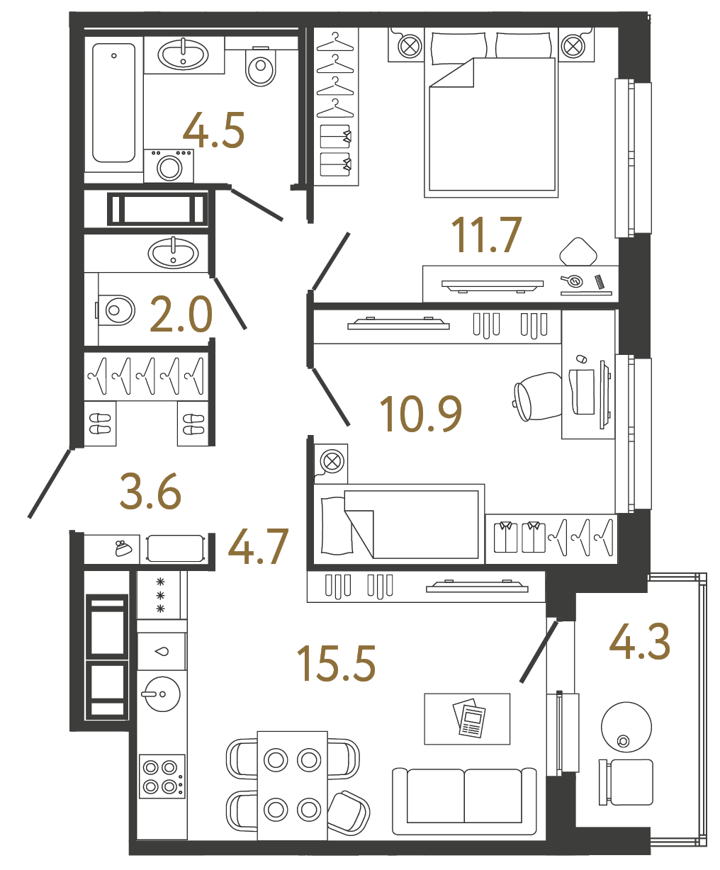 Двухкомнатная квартира 52.9 м²