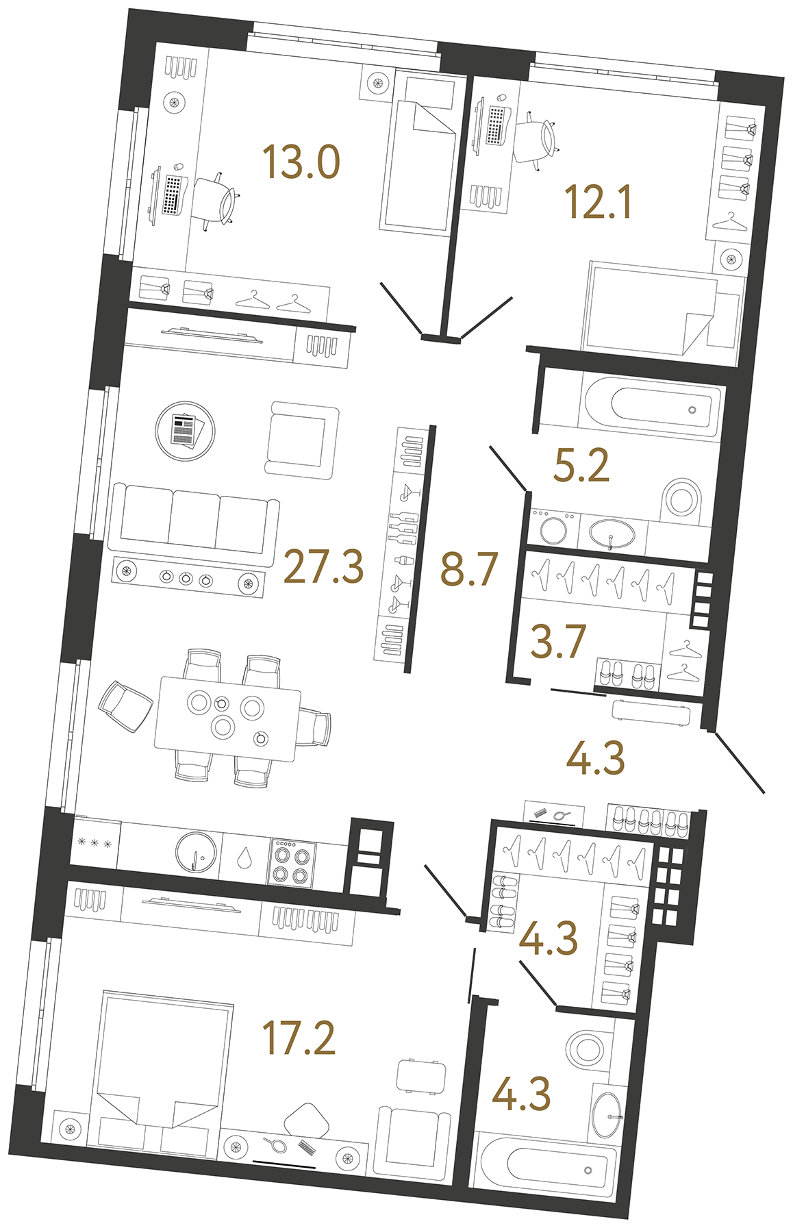 Трёхкомнатная квартира 100.1 м²