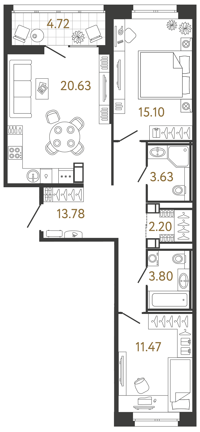 Двухкомнатная квартира 70.61 м²