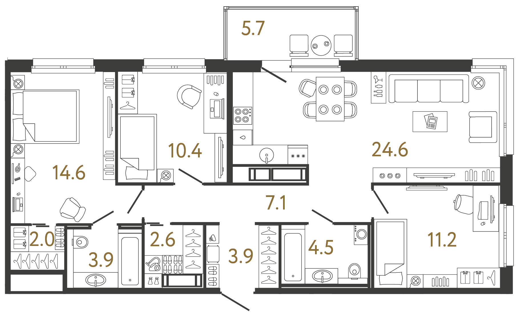 Трёхкомнатная квартира 84.8 м²