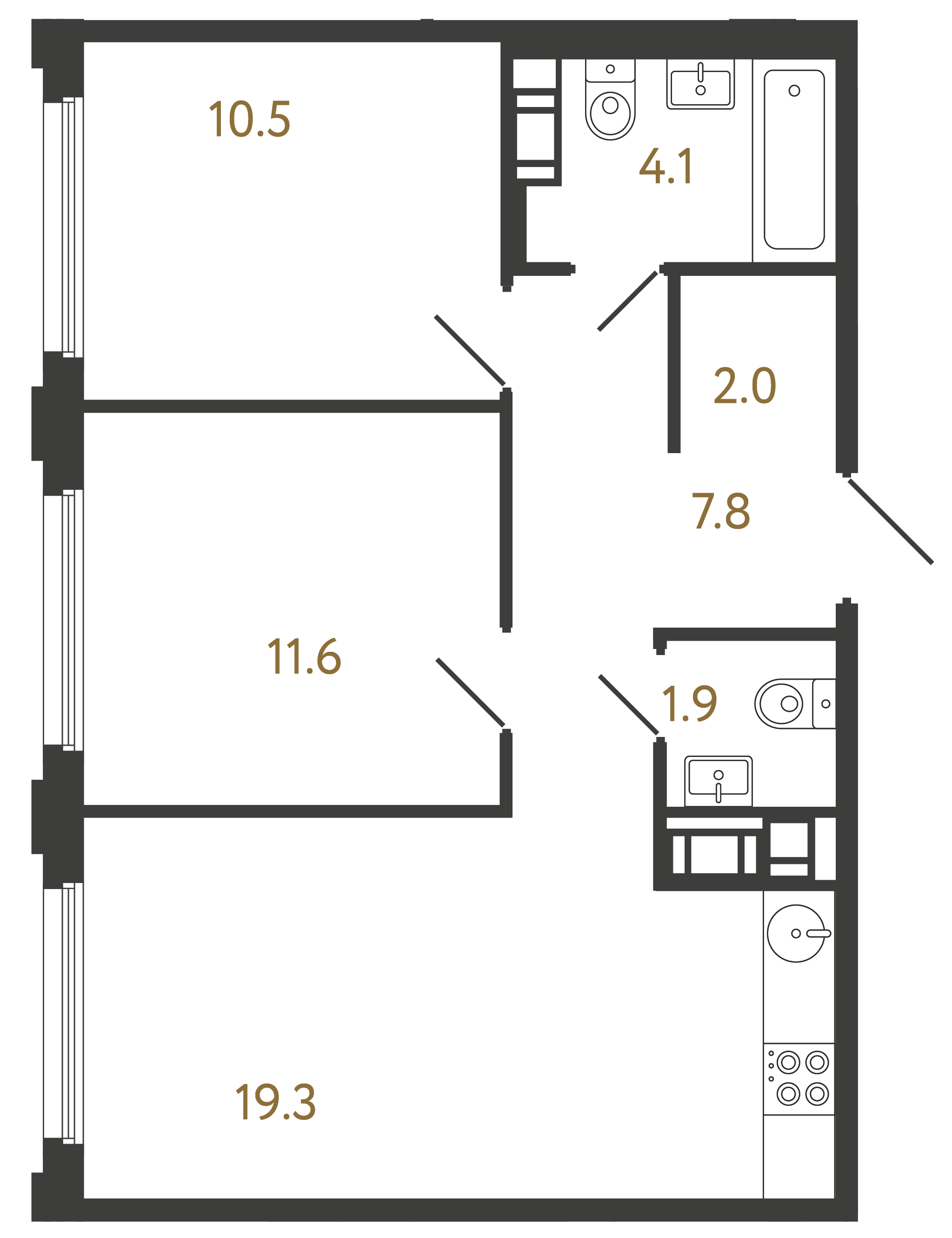 Двухкомнатная квартира 57.2 м²