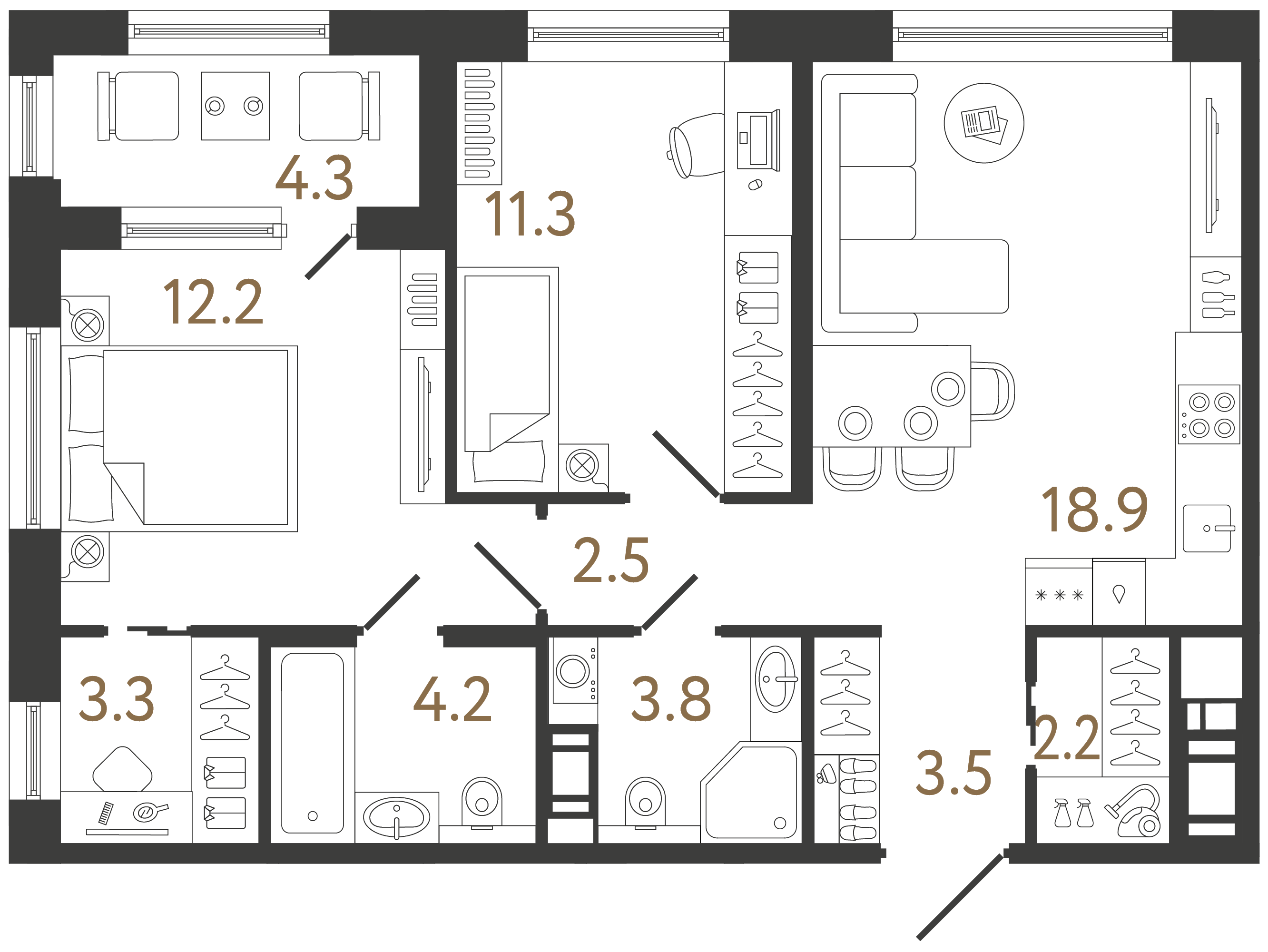 Двухкомнатная квартира 61.9 м²