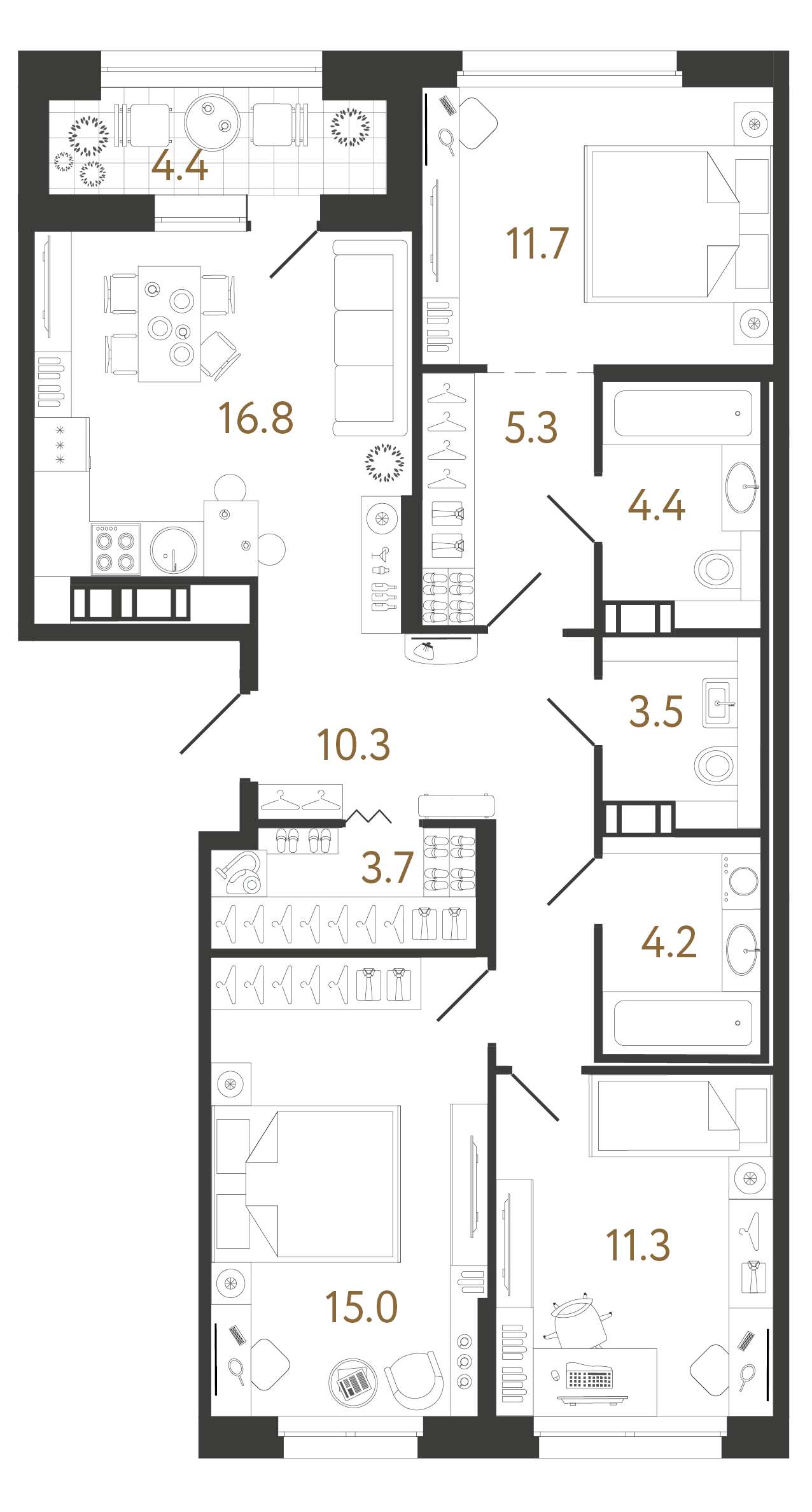 Трёхкомнатная квартира 86 м²