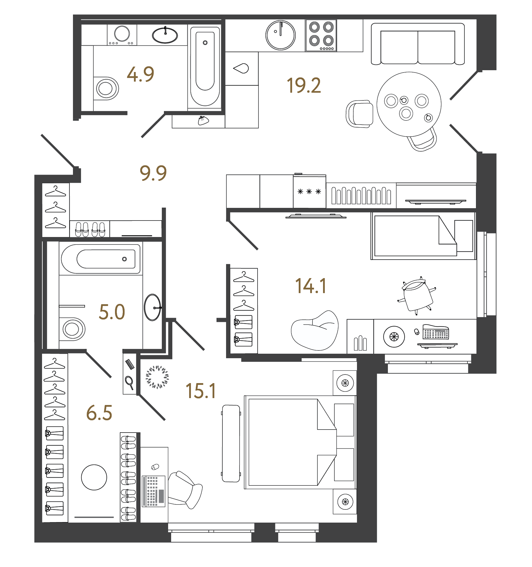 Двухкомнатный номер 74.7 м²