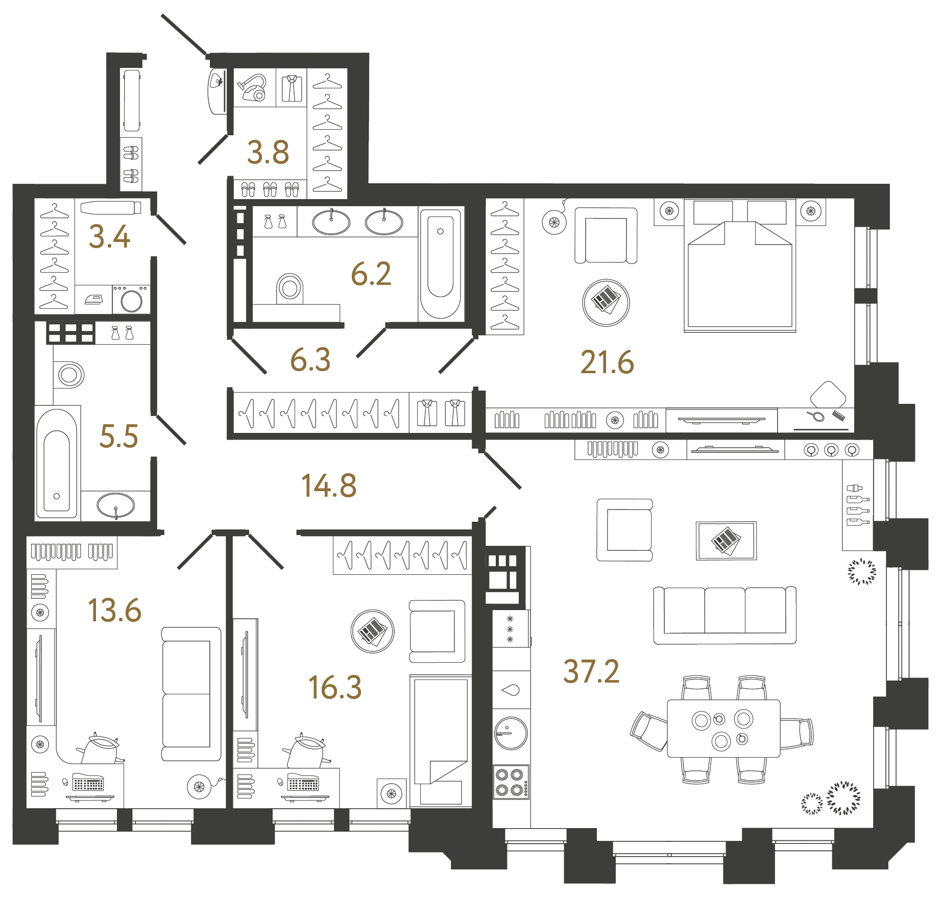 Трёхкомнатная квартира 128.7 м²