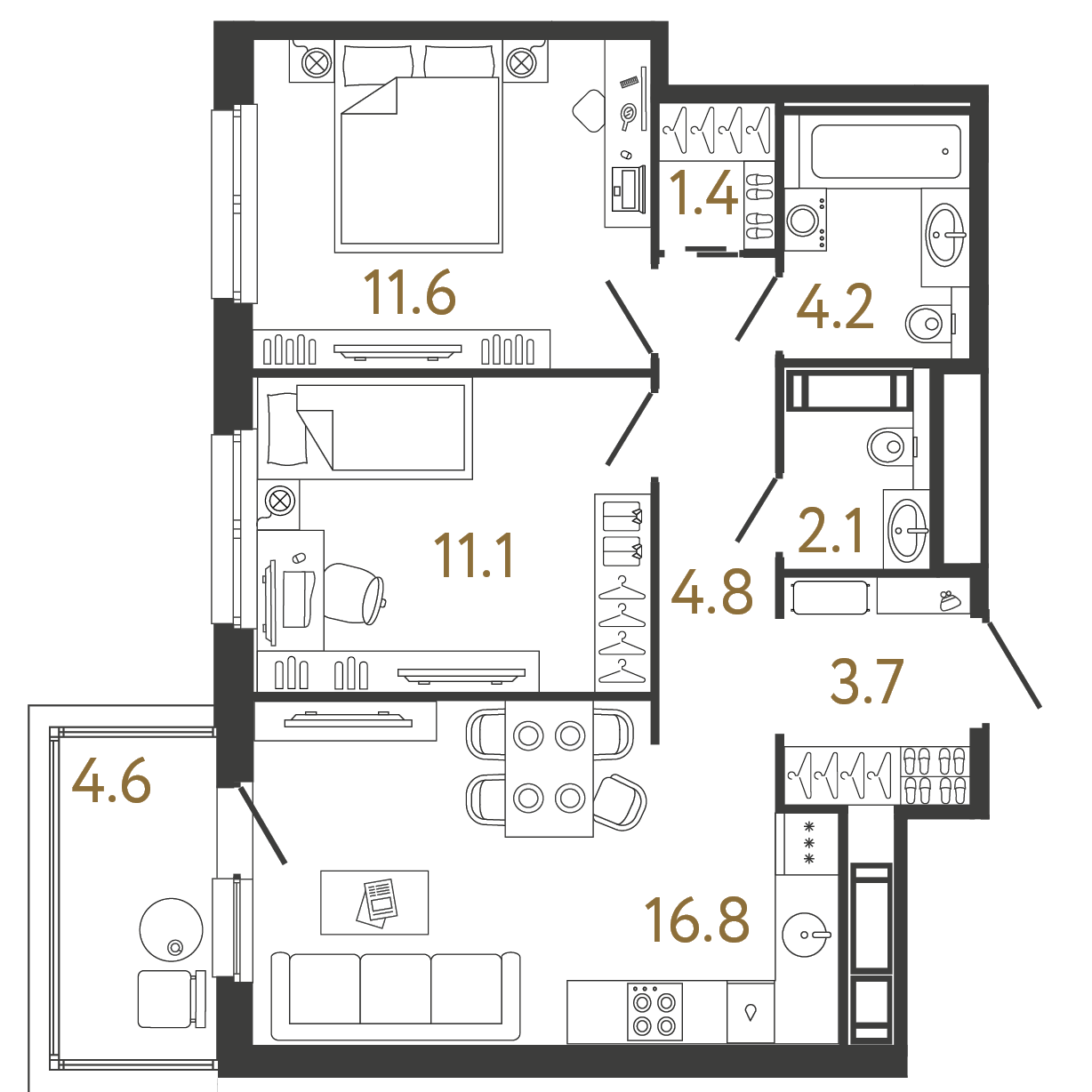 Двухкомнатная квартира 55.7 м²