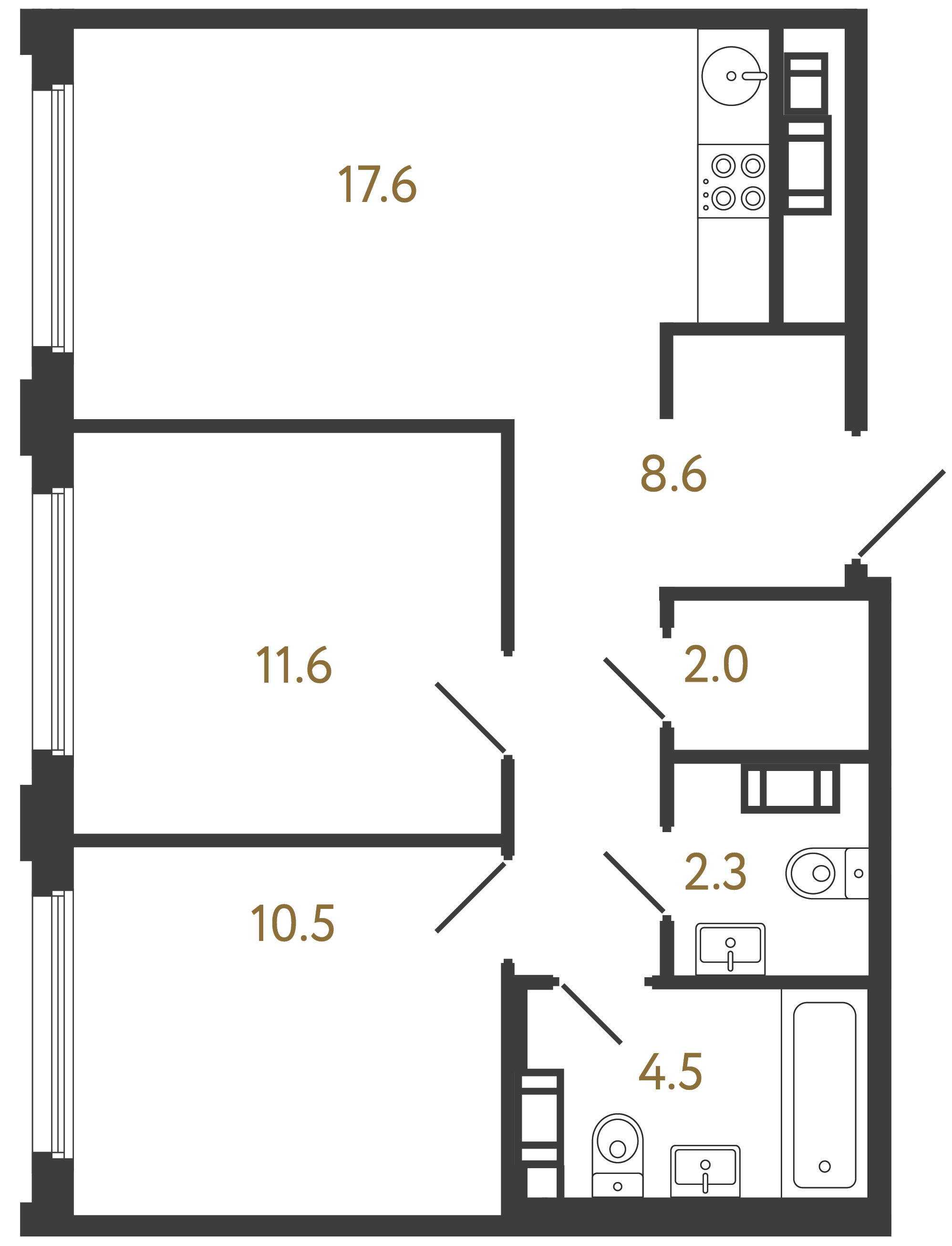 Двухкомнатная квартира 57.1 м²