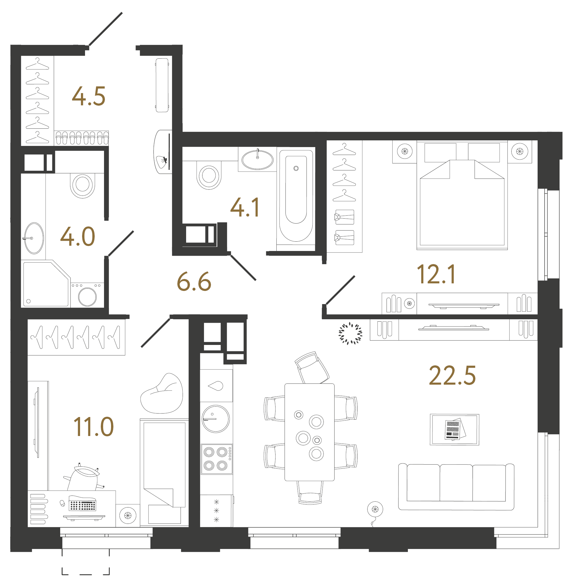 Двухкомнатная квартира 64.8 м²