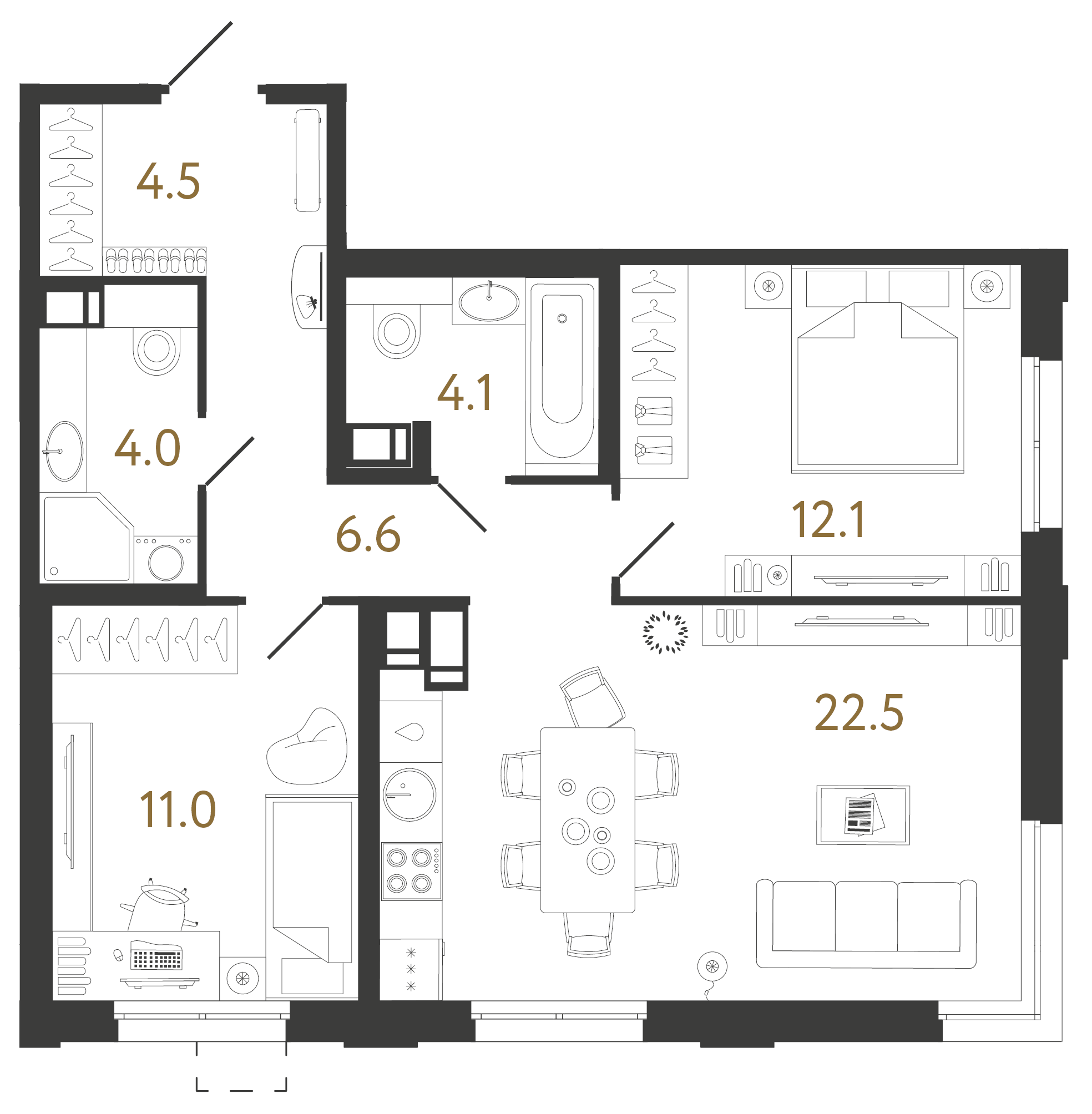 Двухкомнатная квартира 64.8 м²