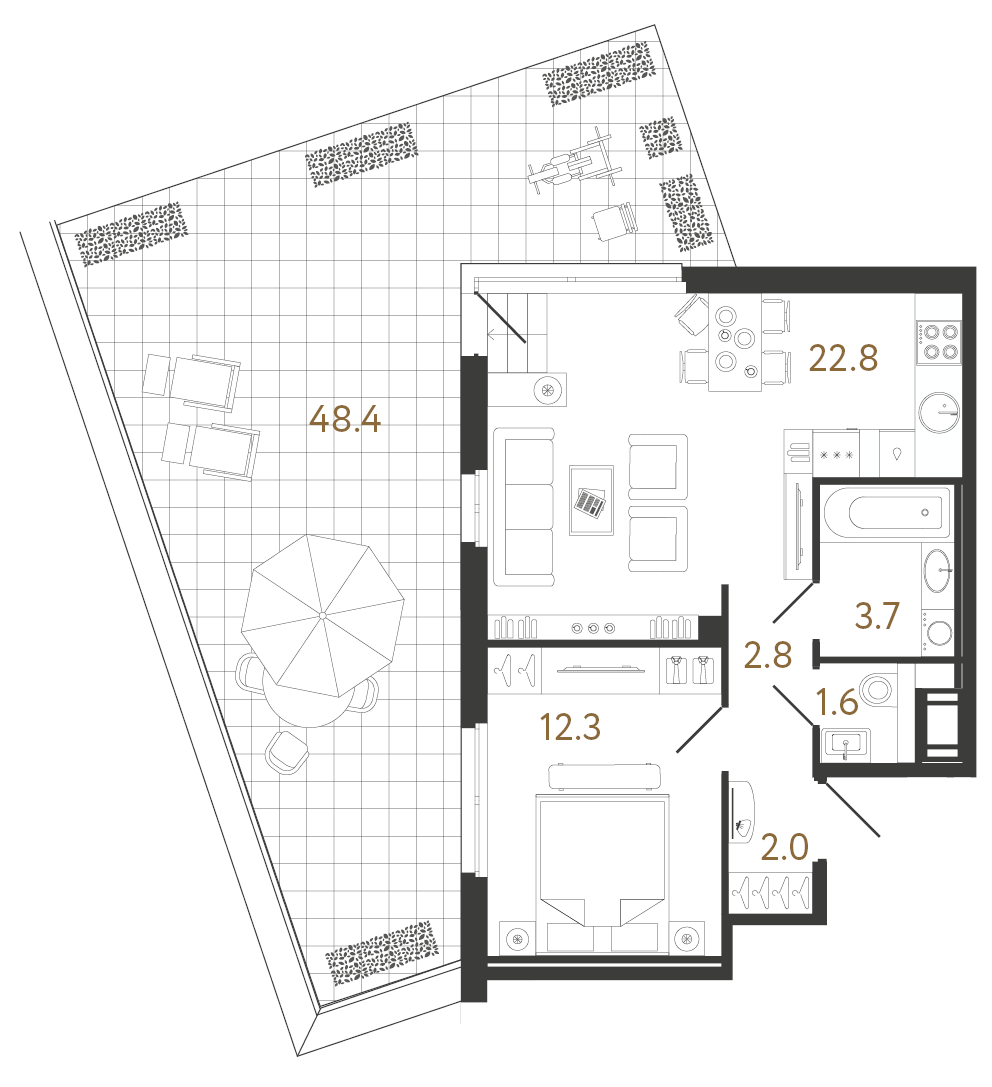 Однокомнатная квартира 45.1 м²