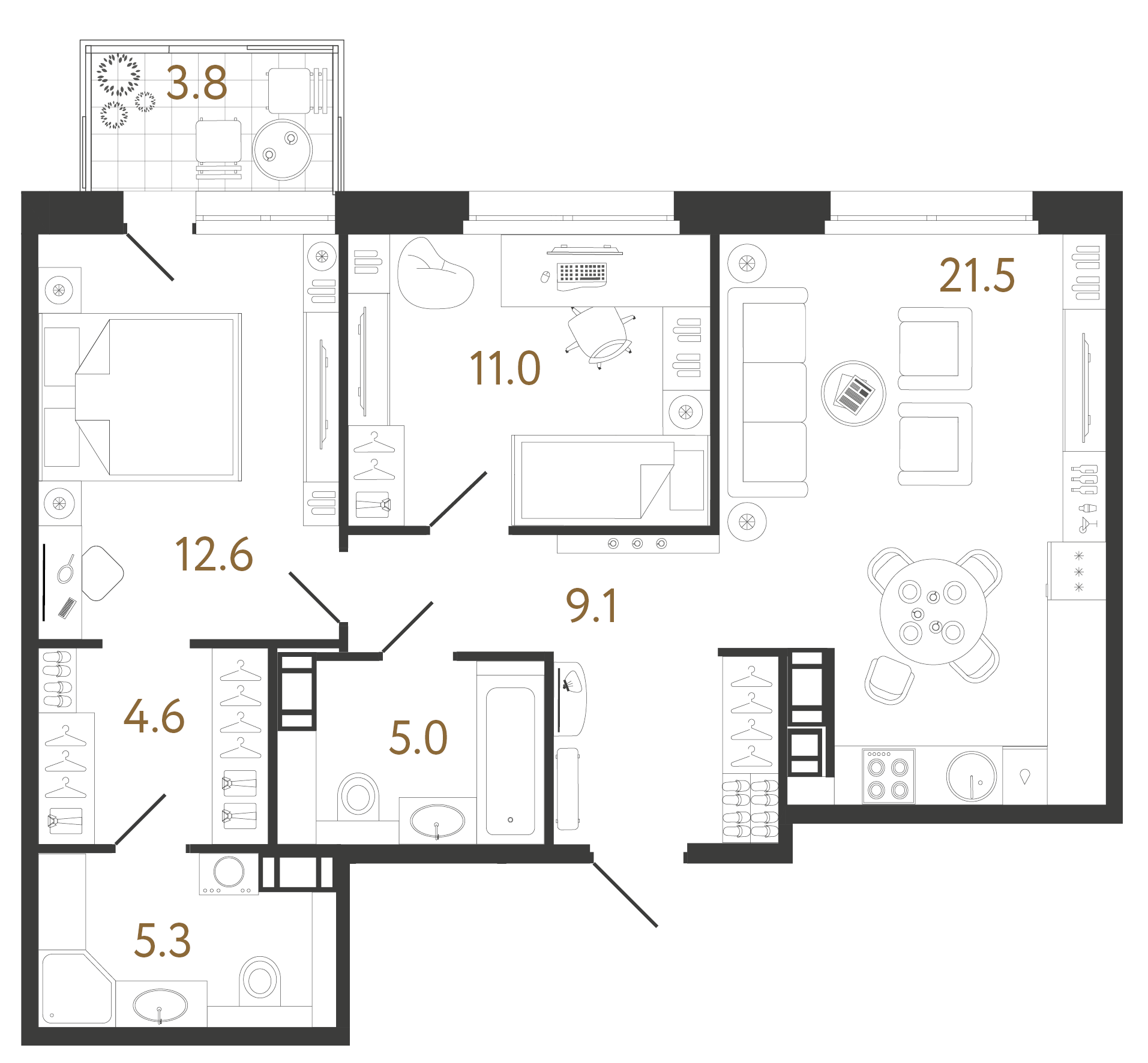 Двухкомнатная квартира 69.1 м²