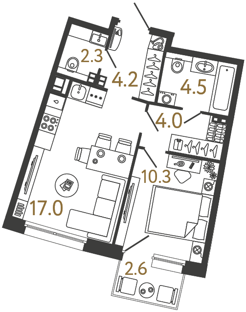 Однокомнатная квартира 42.3 м²