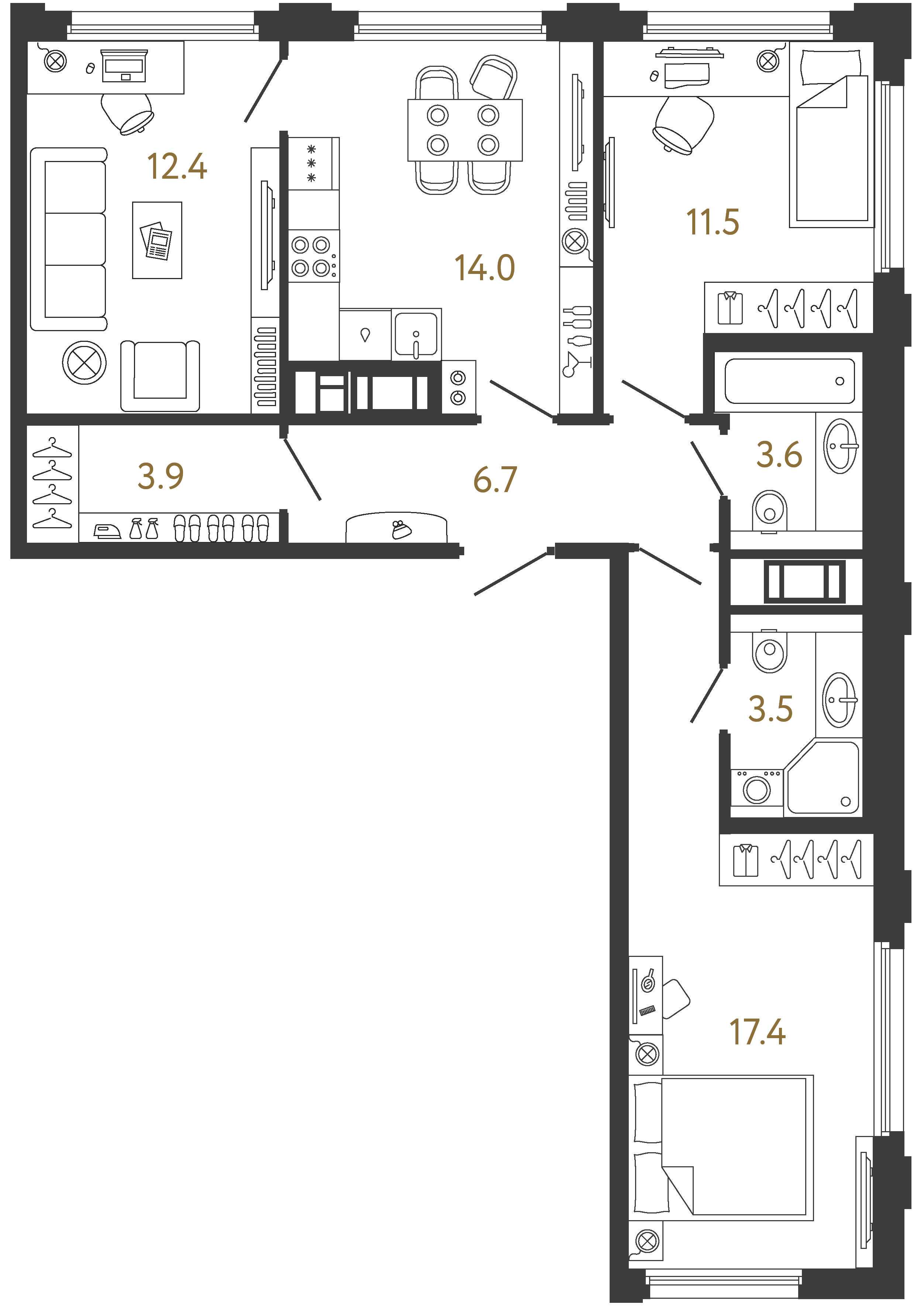 Трёхкомнатная квартира 73 м²
