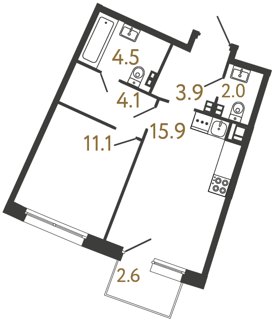 Однокомнатная квартира №94 в ЖК Цвет Зеленогорска - 41.5 м²  - №2