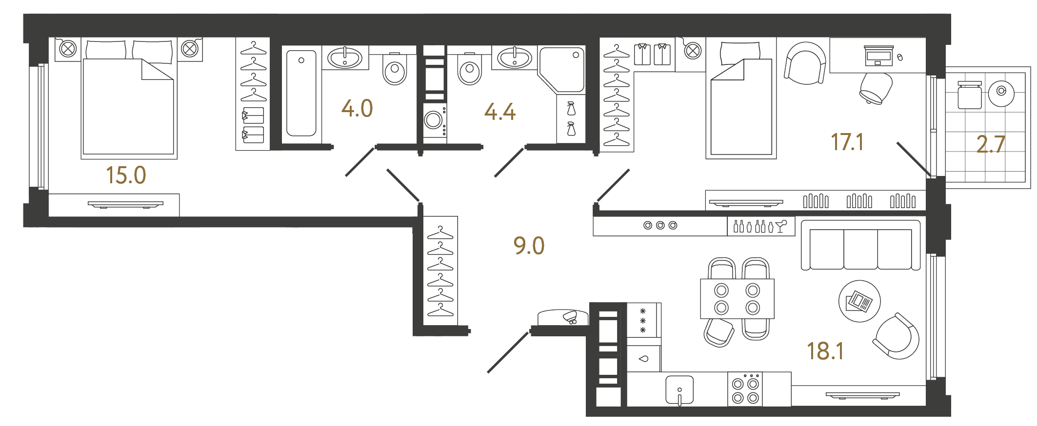 Двухкомнатная квартира 67.6 м²