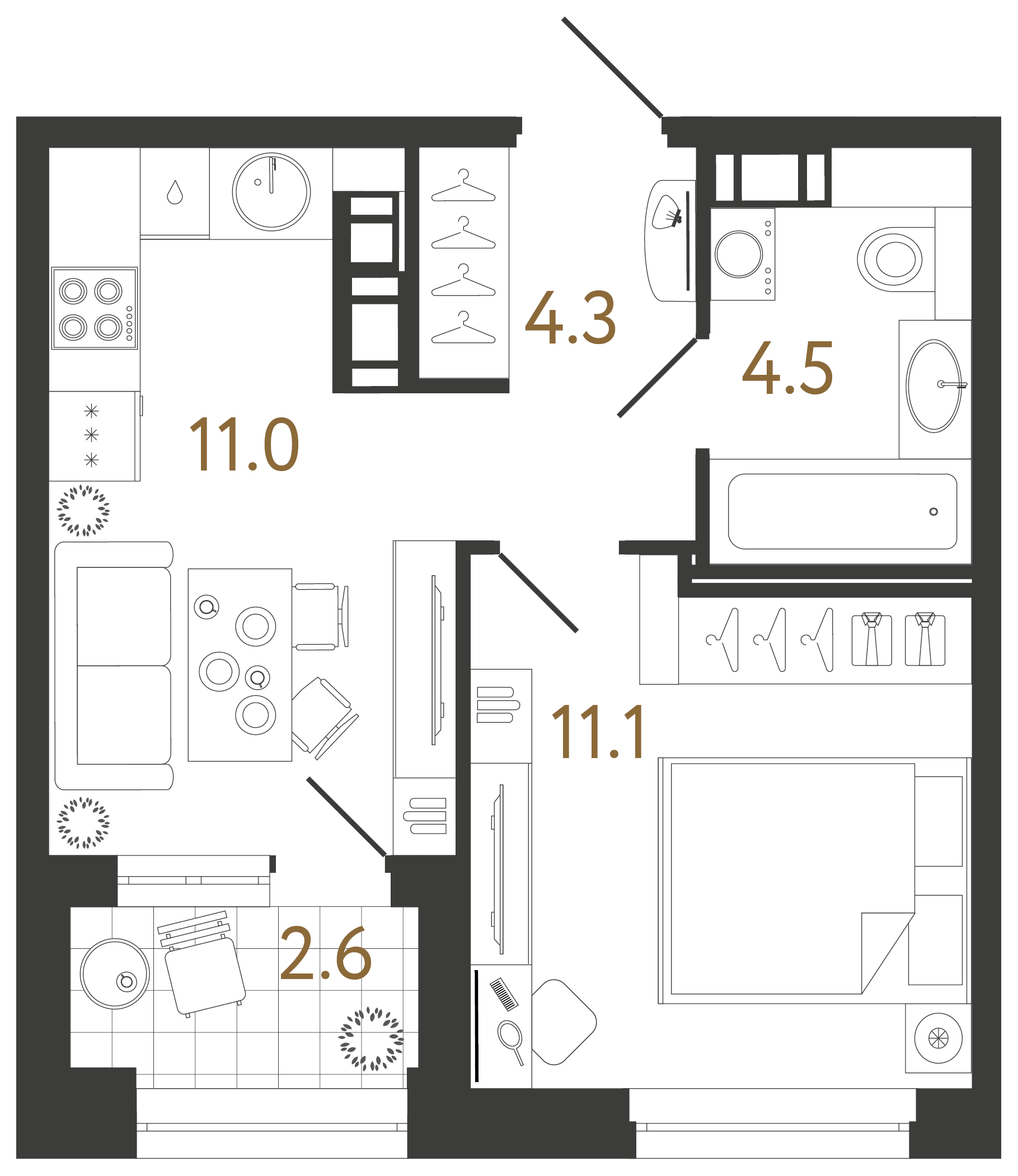 Однокомнатная квартира 30.9 м²