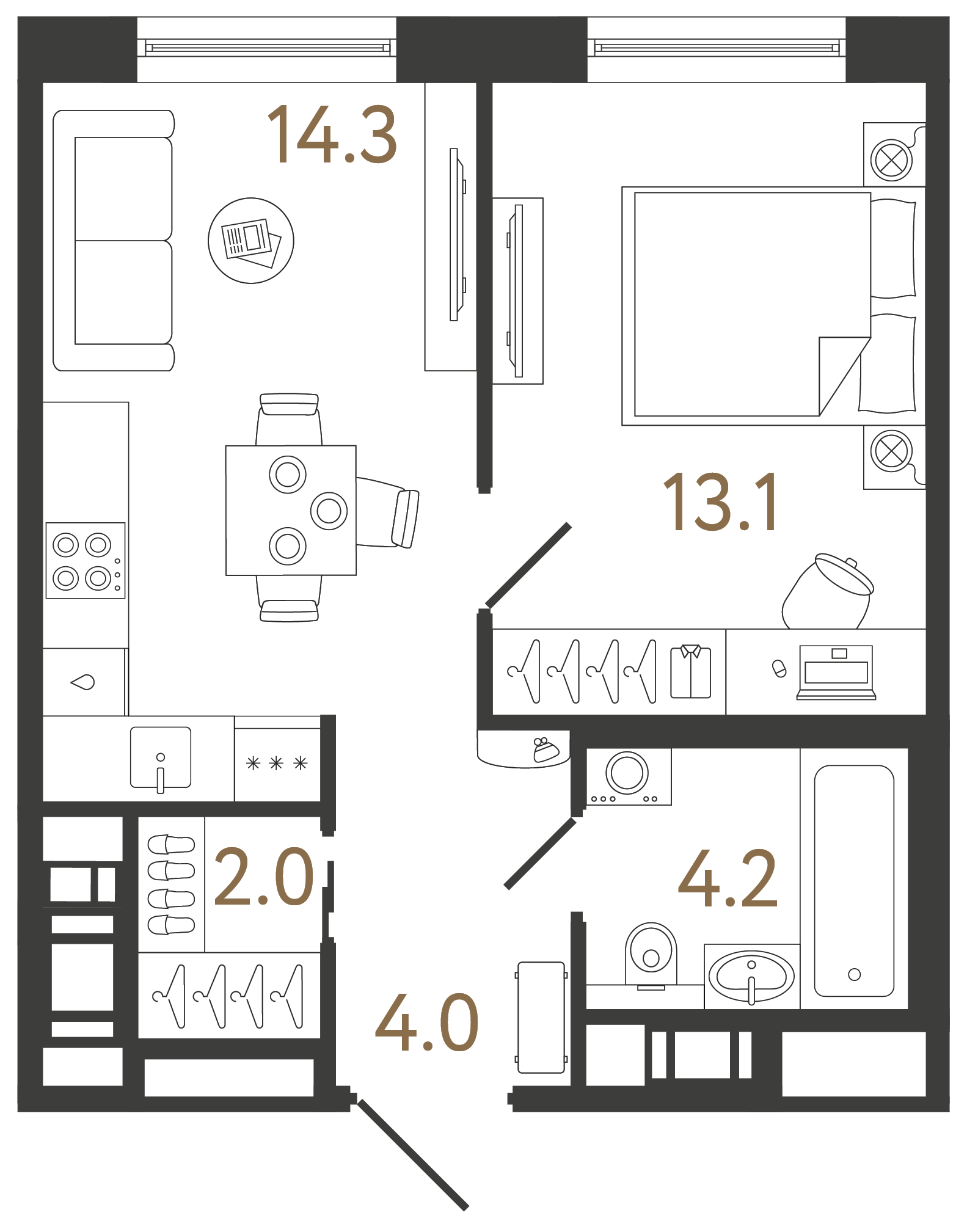 Однокомнатная квартира 37.6 м²