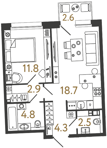 Однокомнатная квартира №14 в ЖК Цвет Зеленогорска - 45 м²