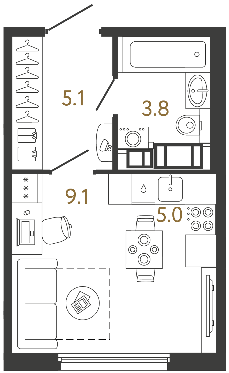 Студия 23 м²