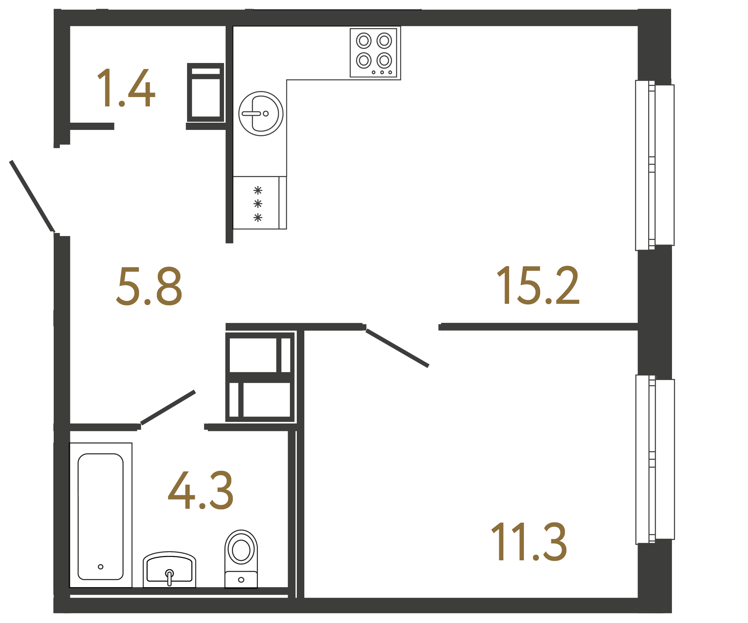 Однокомнатная квартира 38 м²