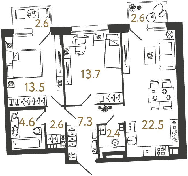 Двухкомнатная квартира №37 в ЖК Цвет Зеленогорска - 66.6 м²