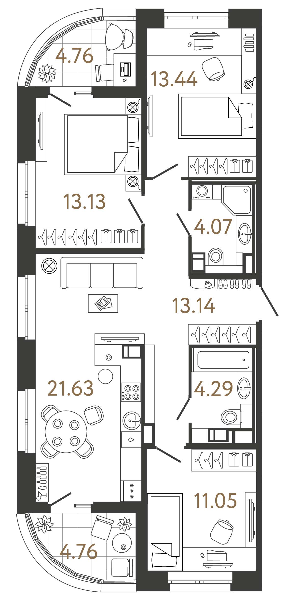 Трёхкомнатная квартира 80.75 м²