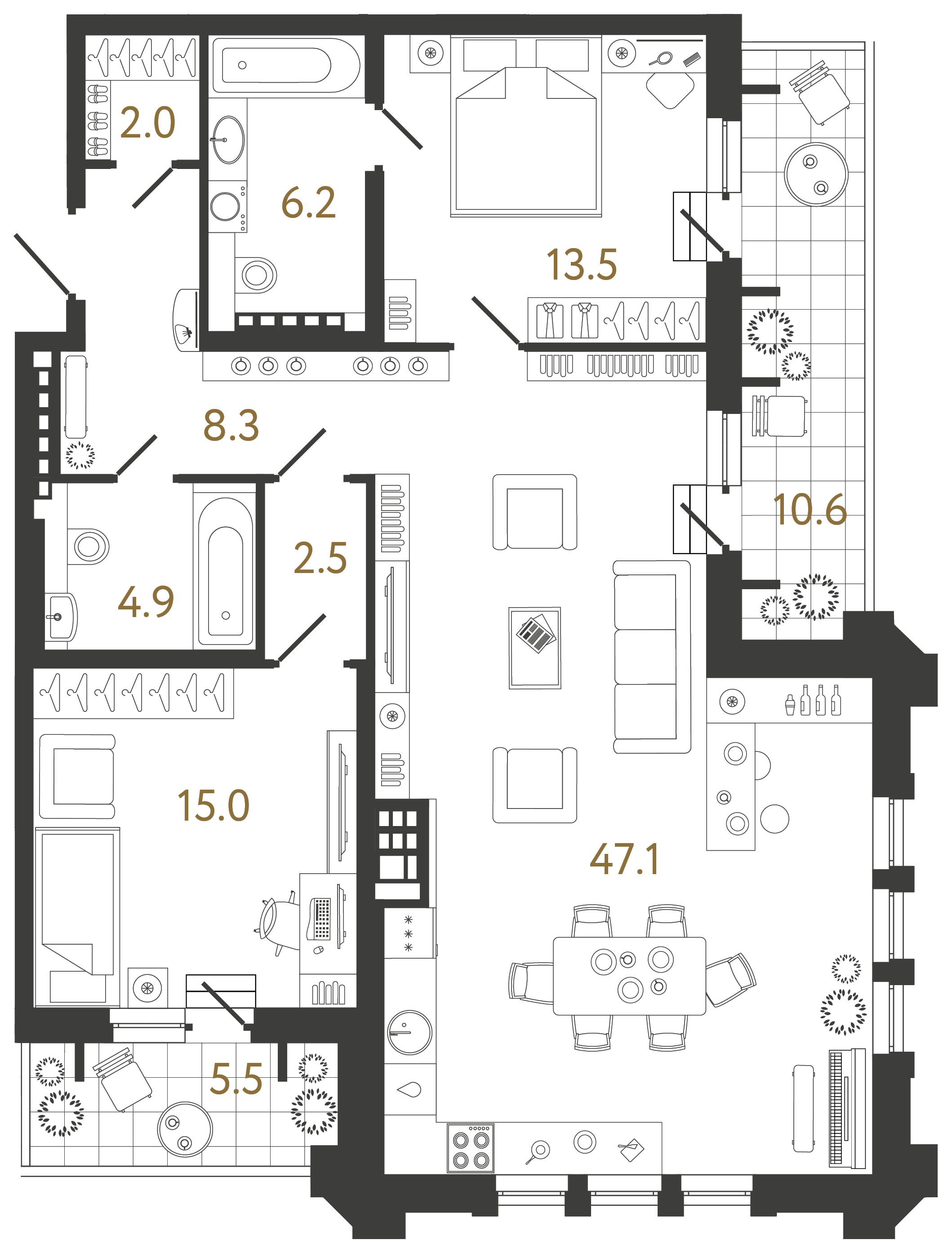 Двухкомнатная квартира 99.5 м²