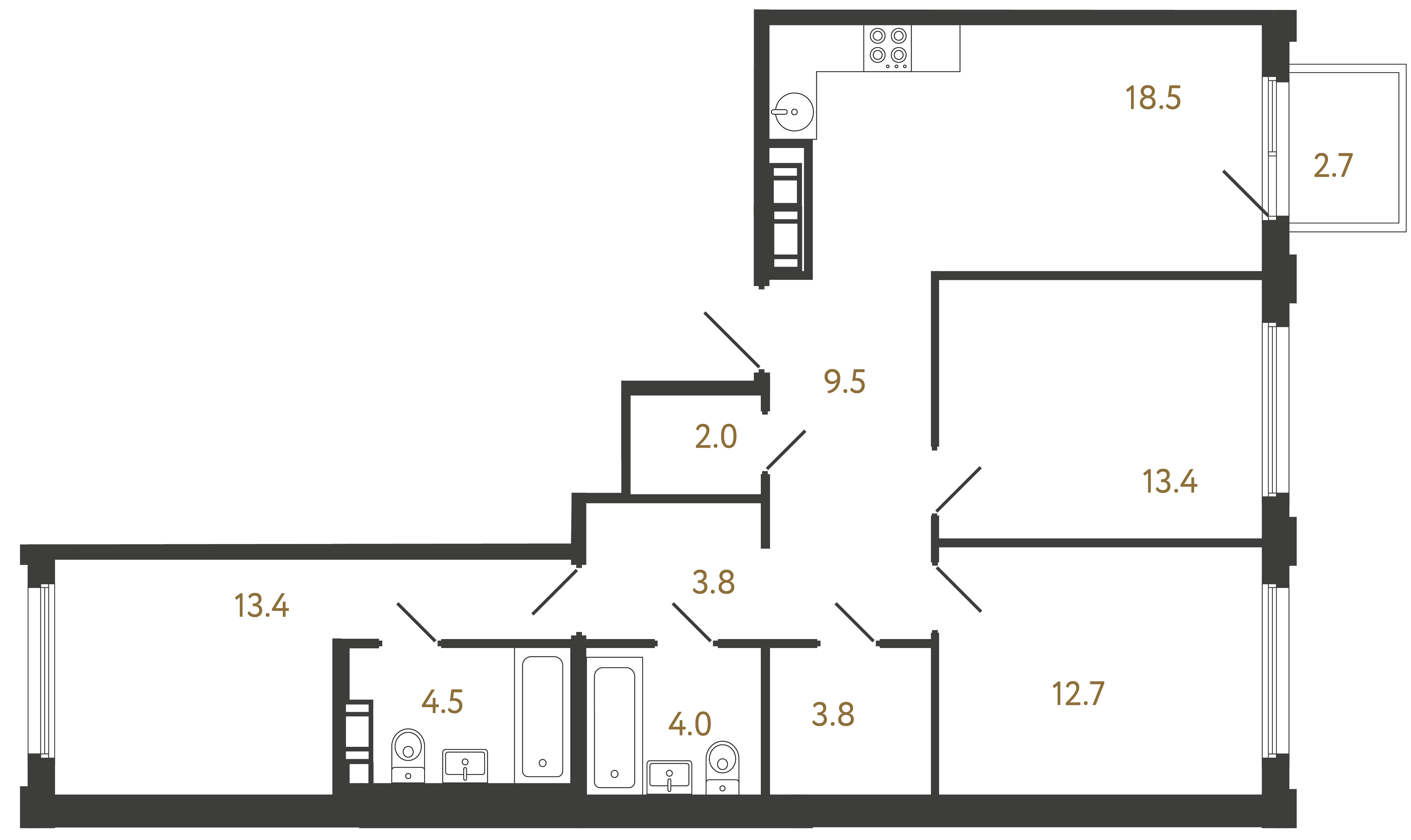 Трёхкомнатная квартира 85.6 м²