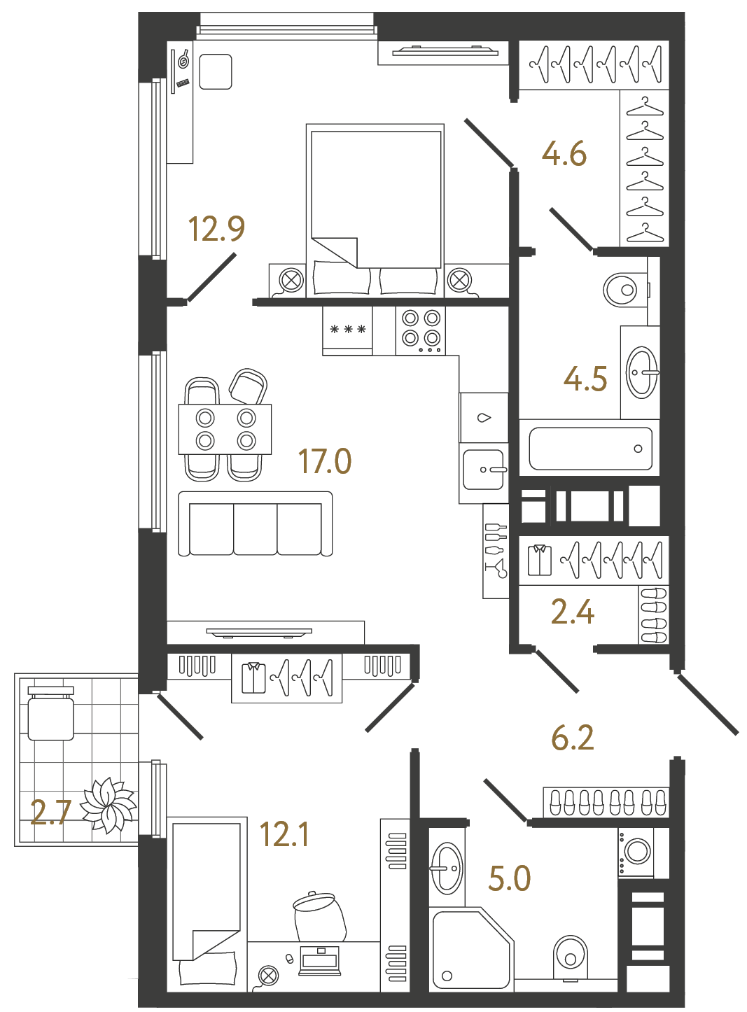 Двухкомнатная квартира 64.7 м²