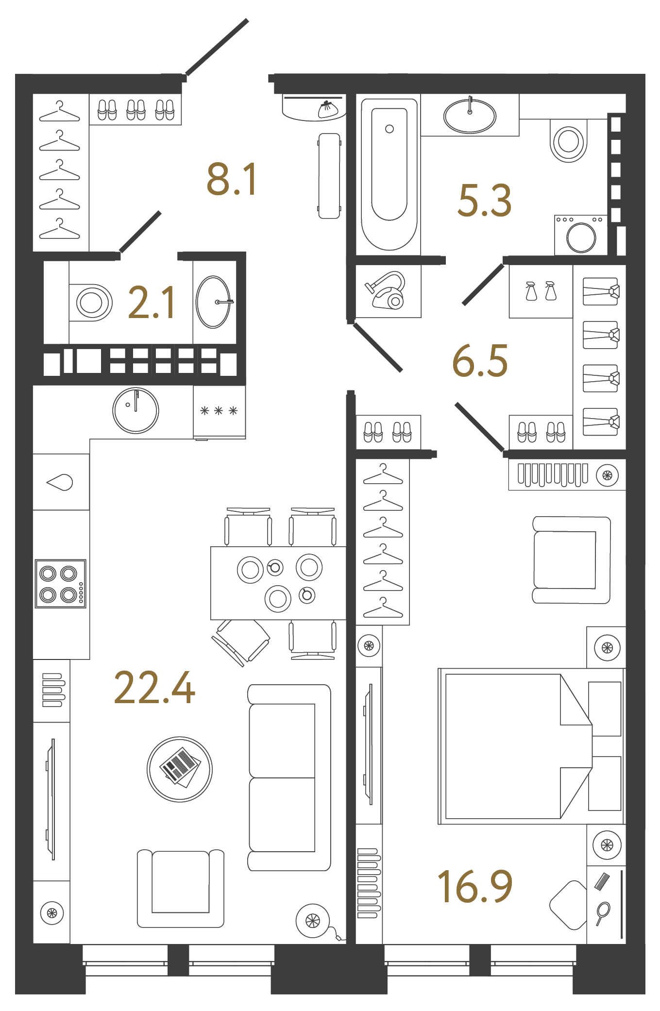 Однокомнатная квартира 61.3 м²