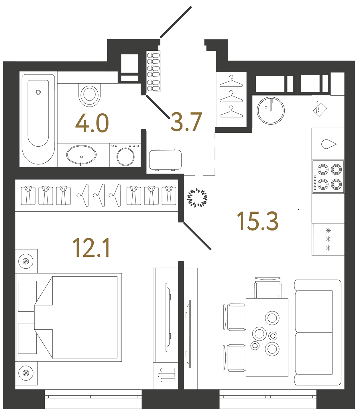 Однокомнатная квартира 35.1 м²