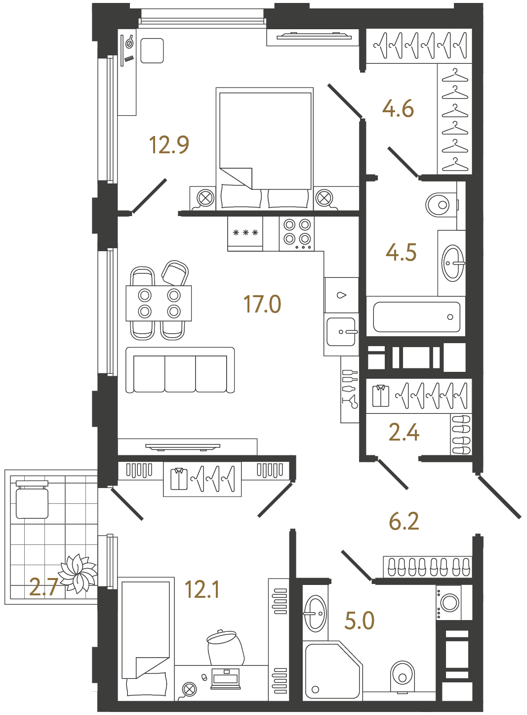 Двухкомнатная квартира 64.7 м²