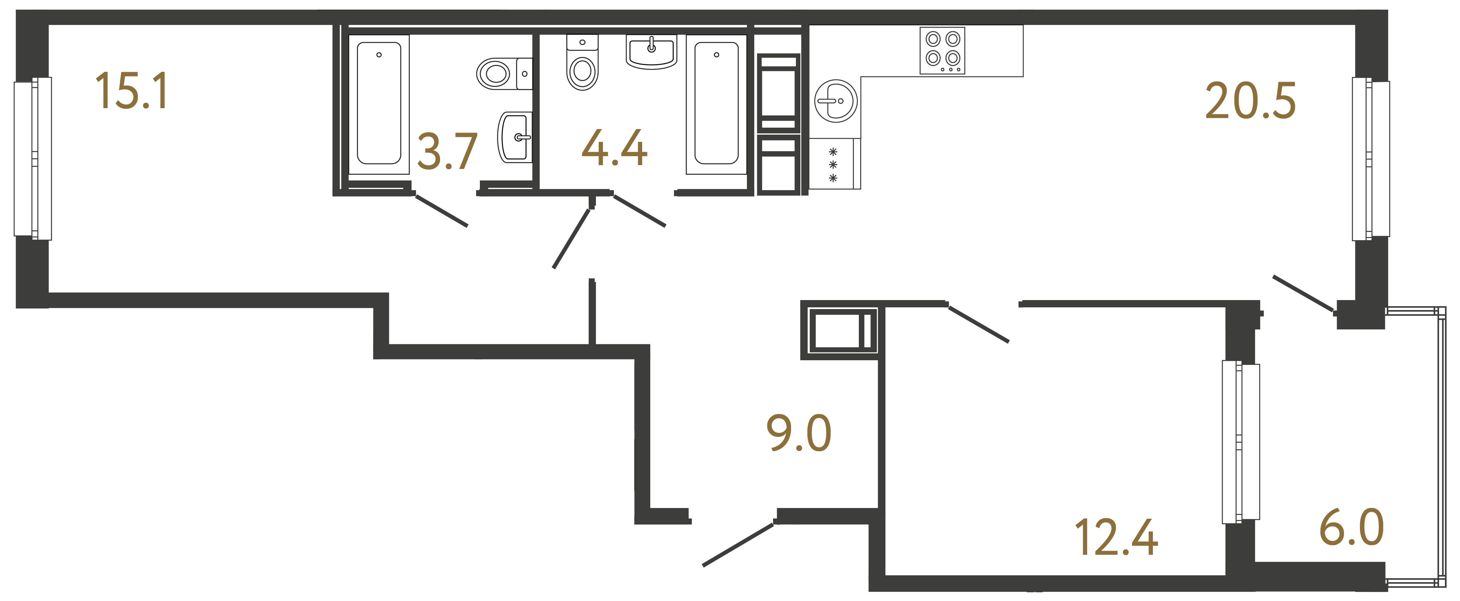 Двухкомнатная квартира 65.1 м²