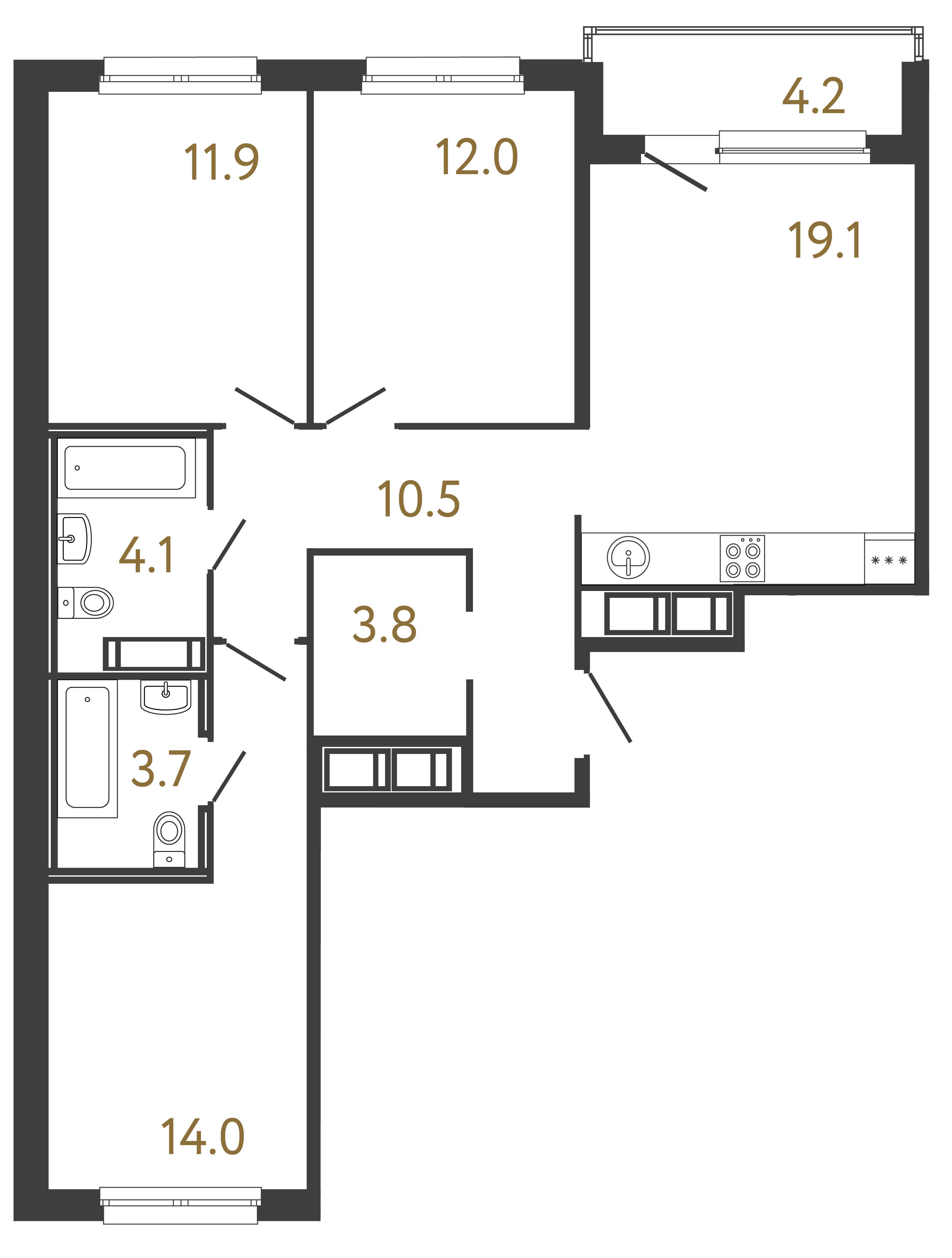 Трёхкомнатная квартира 79.1 м²