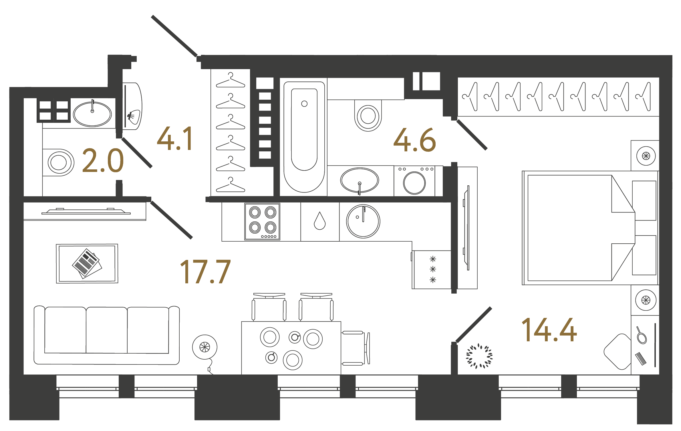 Однокомнатная квартира 42.8 м²