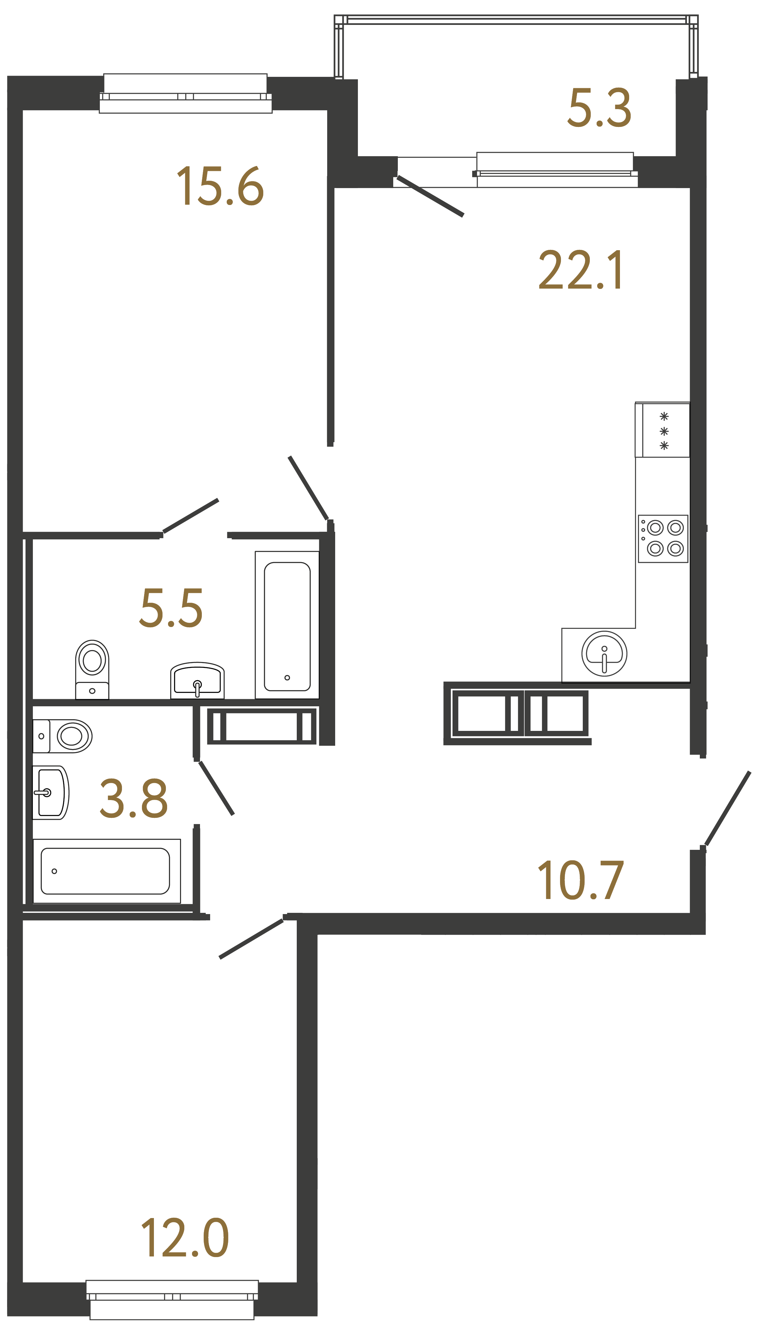 Двухкомнатная квартира 69.7 м²