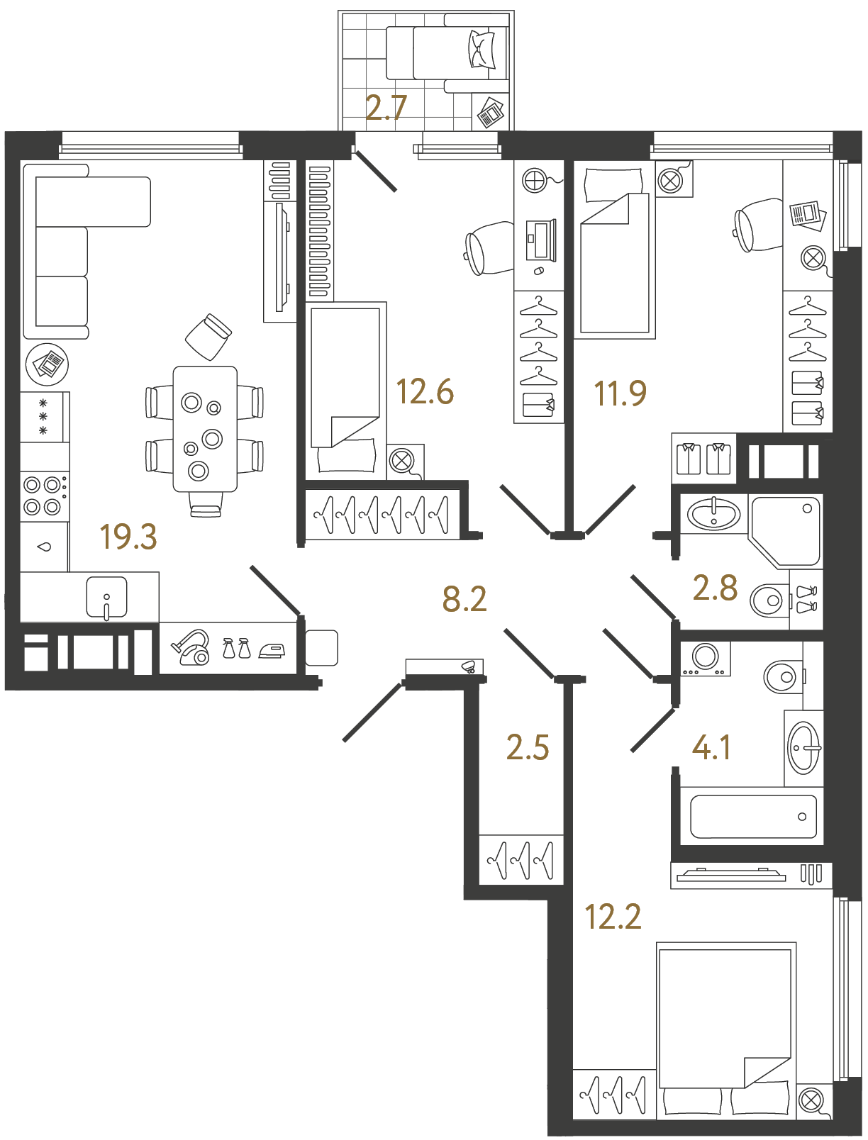 Трёхкомнатная квартира 73.6 м²