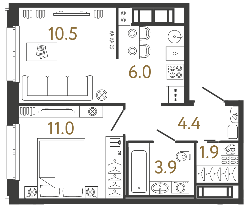Однокомнатная квартира 37.7 м²