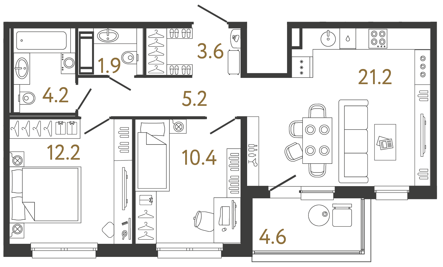 Двухкомнатная квартира 58.7 м²